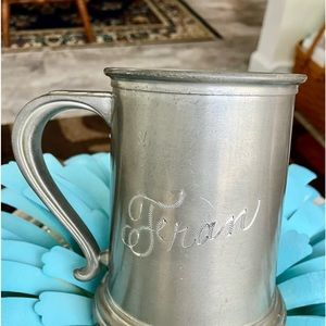 PEWTER TANKARD  HANDLED STEIN GLASS BOTTOM   FRAN  ENGRAVED NAME SCRIPT  1970'S